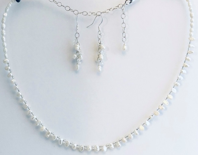 White Rice Fresh Water Pearls and Swarovski Crystal Wedding Jewelry