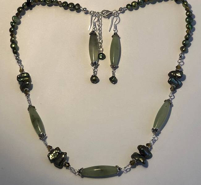 Prehinite Gemstones,  Biwa Fresh Water Pearls and Swarovski Crystal Jewelry Set